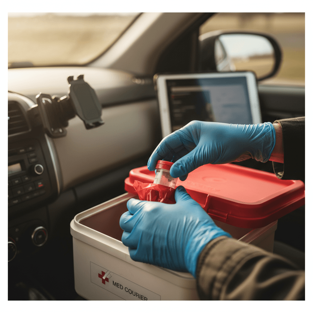Same-day delivery courier loading medical specimen