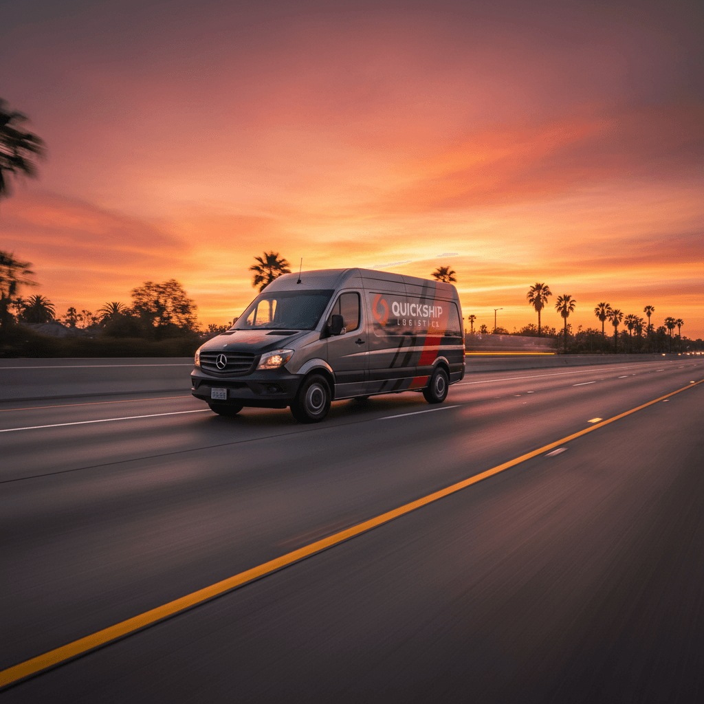 In Good Time Logistics delivery van in motion on Southern California highway