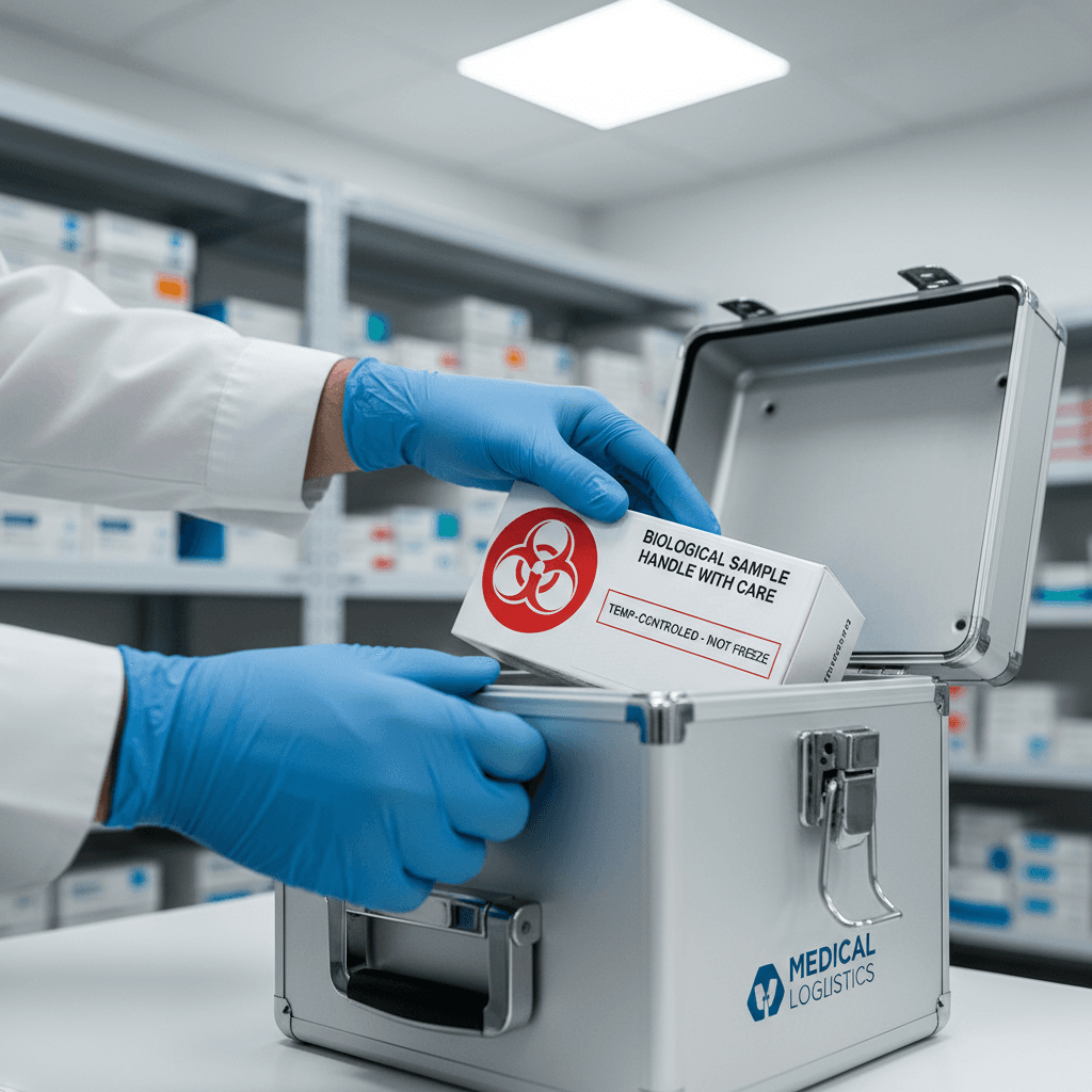 Professional courier securing medical specimen in transport container