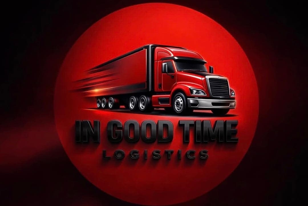 Red semi-truck speeding across a red circle above the text IN GOOD TIME LOGISTICS.